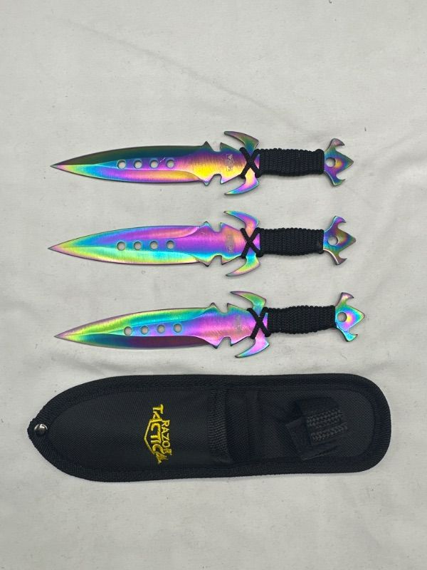 Photo 1 of 7.5 Inch Throwing Knives Black and Silver 3 Pcs With Nylon Sheath New