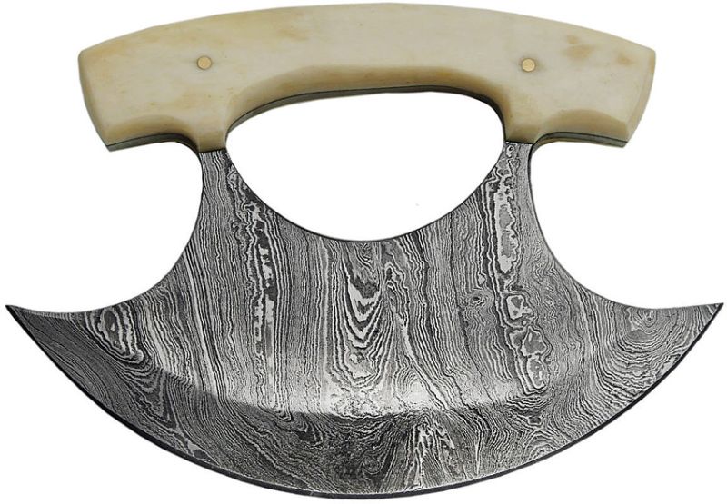 Photo 1 of Damascus Ulu Knife 5.5in Steel Ulu Blade 4.5in Smooth Bone Handle Brown Leather Sheath Full Tang
