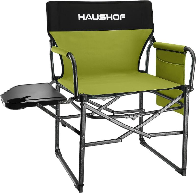 Photo 1 of HAUSHOF Camping Chair with Side Table and Storage Pockets, Portable Folding Directors Chair, Heavy Duty Camp Chair for Adults Outdoor Fishing Beach, Green
