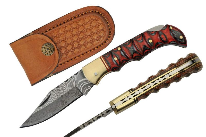 Photo 1 of SZCO Supplies 3.5” Red Wood Handle Damascus Steel EDC Folding Knife with Sheath
