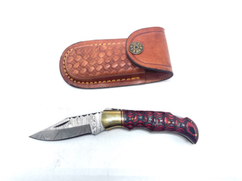 Photo 1 of SZCO Supplies 3.5” Red Wood Handle Damascus Steel EDC Folding Knife with Sheath
