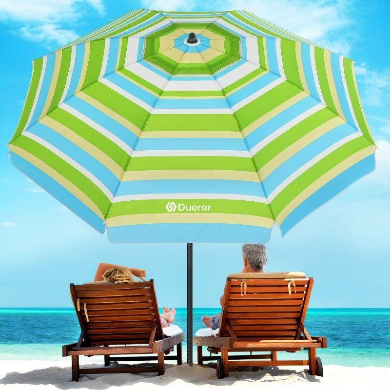Photo 1 of Duerer 7.5FT Beach Umbrella, Patio Outdoor Sun Shade Tilt with Anchor & Carry Bag, Green Stripes
