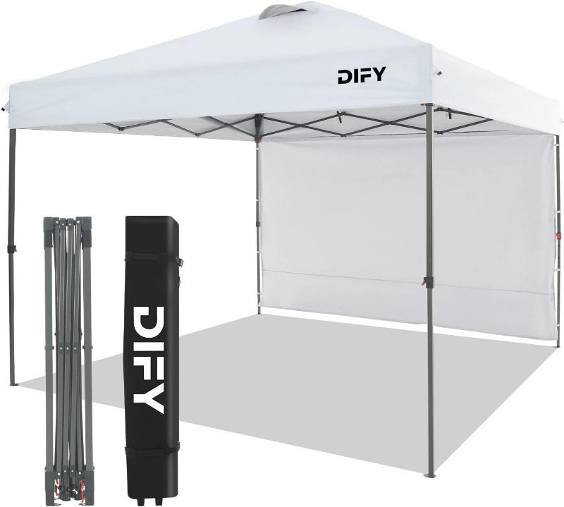Photo 1 of DIFY 10x10 Durable Pop Up Canopy with 1 Removable Sidewall, Outdoor Canopy Tent with Roller Bag, Easy to Assemble and Carry, Patio Outdoor Canopy for Commerce, Beach, Party.(White)
