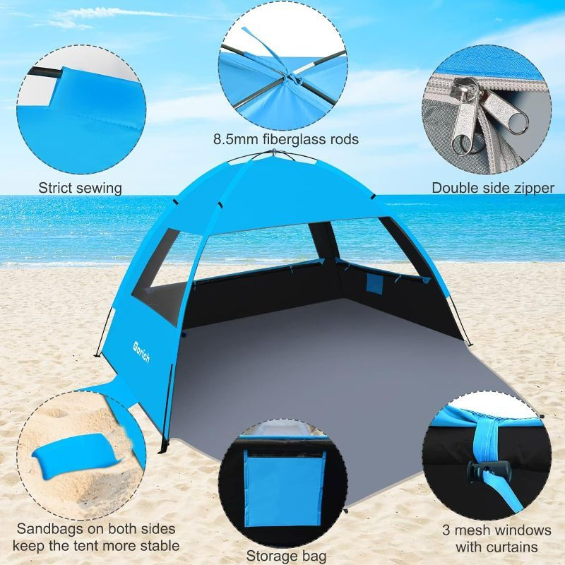 Photo 4 of Gorich Beach Tent, Beach Shade Tent for 3/4-5/6-7/8-10 Person with UPF 50+ UV Protection, Portable Beach Tent Sun Shelter Canopy, Lightweight & Easy Setup Cabana Beach Tent
