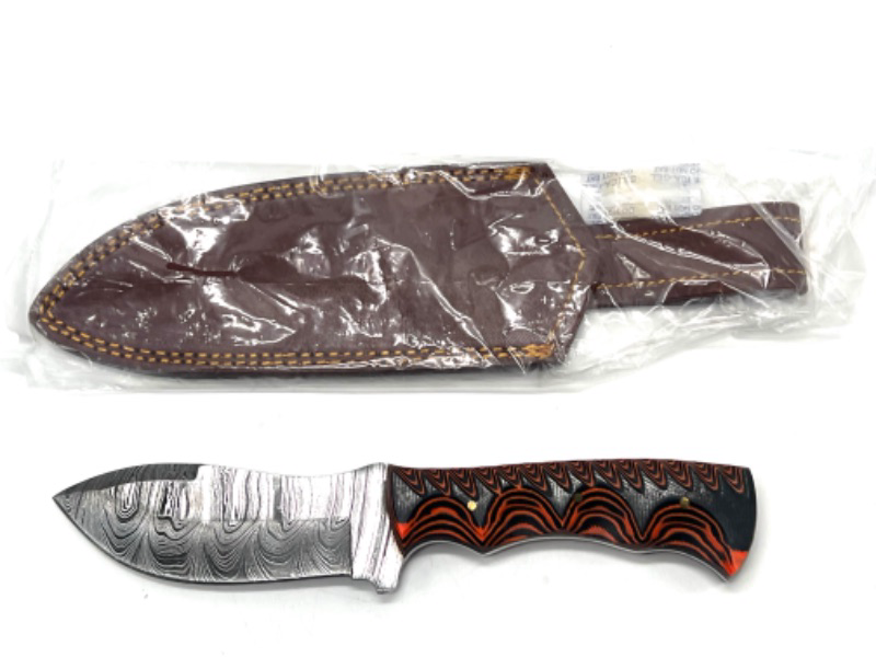 Photo 2 of SZCO Supplies 9.5" Fire Orange Twisted Wood Handle Damascus Steel Outdoor Hunting Knife With Sheath