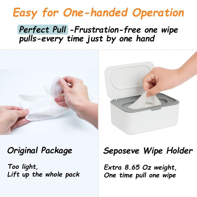 Photo 3 of Wipes Dispenser, Wipe Holder for Baby & Adult, Seposeve Refillable Wipe Container, Keeps Wipes Fresh, One-Handed Operation. Non-Slip, Easy Open/Close Wipes Pouch Case, (Grey)
