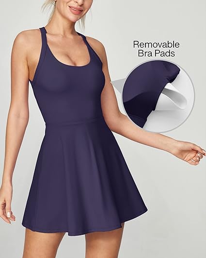 Photo 1 of Heathyoga Tennis Dress, Cut Out Twisted Workout Dress Golf Athletic Dress with Built in Shorts & Bra Pockets for Women Indigo Blue


