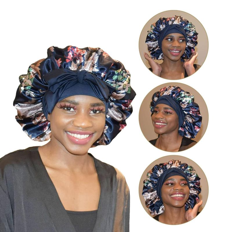 Photo 1 of BONNET QUEEN Silk Bonnet for Sleeping Satin Bonnet Hair Bonnet Double Layer Bonnets Adjustable Bonnets Pattern Night Sleeping Hair Wrap Headwrap for Women Curly Hair
