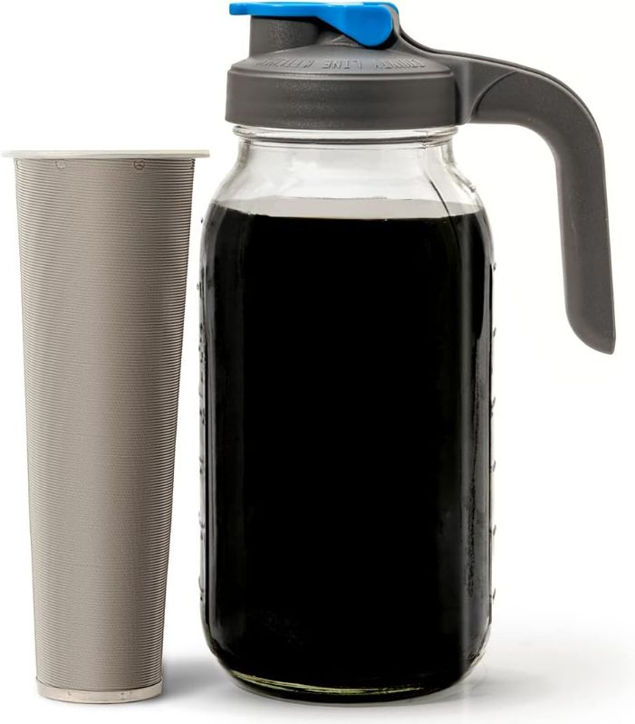 Photo 1 of County Line Kitchen Cold Brew Coffee Maker, Mason Jar Pitcher - Heavy Duty Soda Lime Glass w/Stainless Steel Mesh Filter & Flip Cap Lid - Iced Tea & Coffee