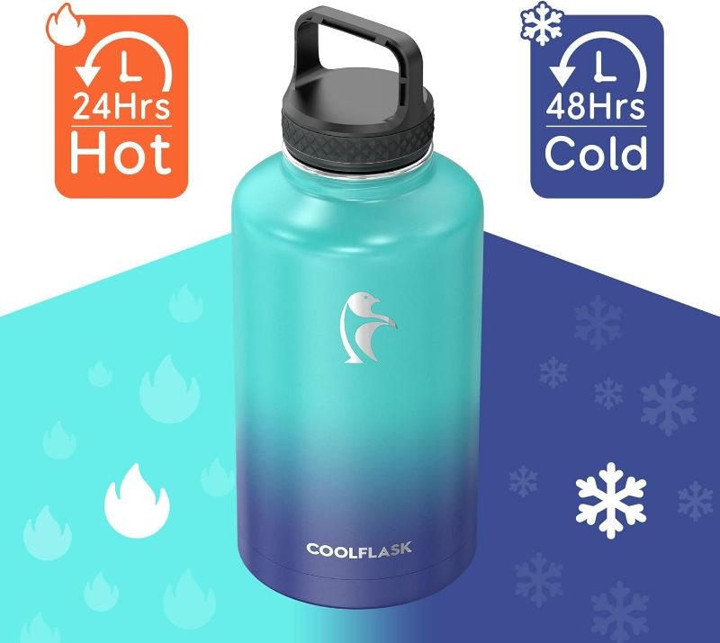 Photo 2 of Coolflask Insulated Water Bottle 64 oz with Straw & 3 Lids, Half Gallon Water Jug Large Metal Stainless Steel Wide Mouth for Sports, Gym or Office, BPA-Free Keep Cold 48H Hot 24H, Pacific Prince

