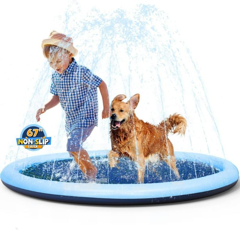 Photo 1 of VISTOP Non-Slip Splash Pad for Kids and Dog, Thicken Sprinkler Pool Summer Outdoor Water Toys - Fun Backyard Fountain Play Mat for Baby Girls Boys Children or Pet Dog (67 inch, Blue&Blue)
