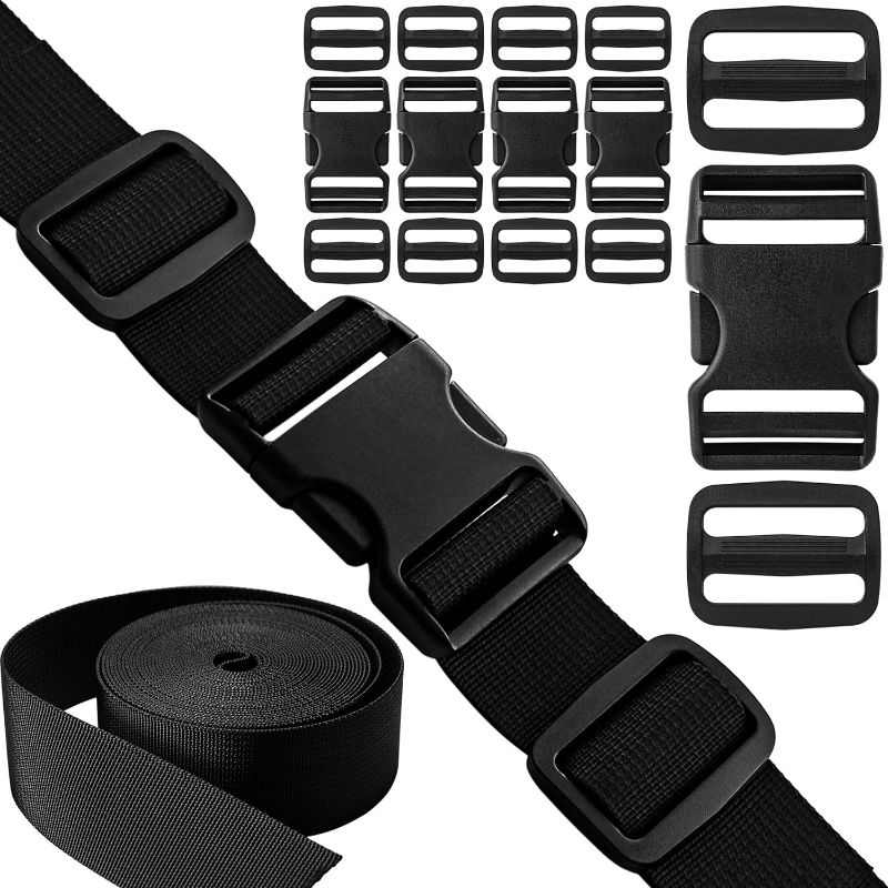 Photo 1 of Buckles Straps Set of 1.5 inch: 5 pcs Quick Side Release Plastic Buckle Dual Adjustable + 6 Yard Black Nylon Webbing Strap Band + 10 pcs Tri-glide Slide Clip, No Sewing Required Heavy Duty Durable
