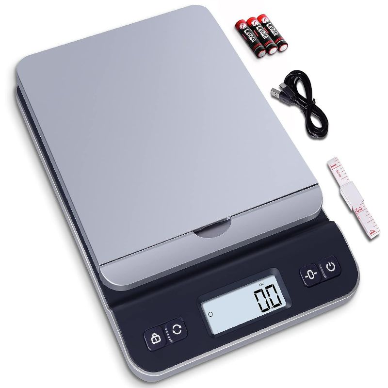 Photo 1 of QP Shipping Scale, 86lb/0.1oz High Accuracy Digital Postal Scale for Packages, Hold/Tare Function, Backlit LCD Display, Flip-up Holder, Postage Scale, Mail Scale, Battery & Tape Measure Included
