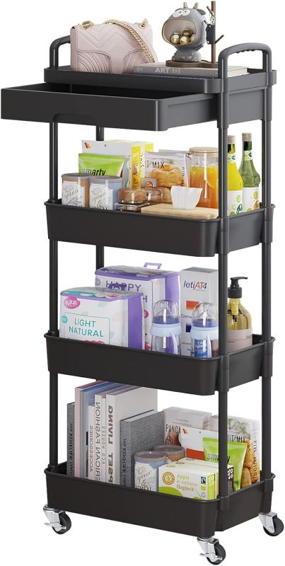 Photo 1 of Calmootey 4-Tier Rolling Utility Cart with Drawer,Multifunctional Storage Organizer with Plastic Shelf & Metal Wheel,Storage Cart for Kitchen,Bathroom,Living Room,Office,Black
