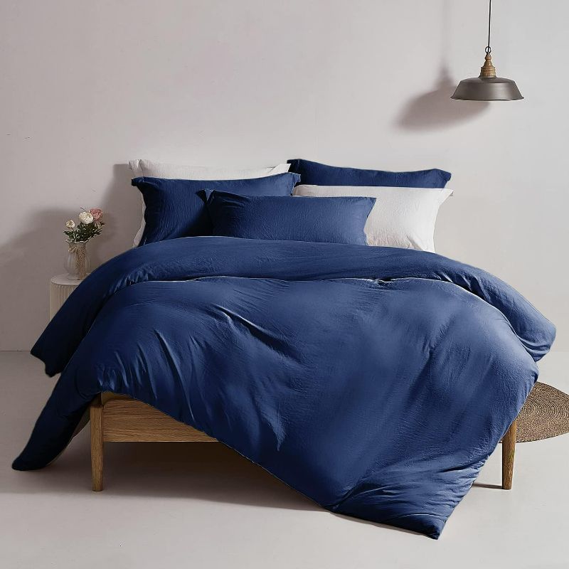 Photo 1 of Duvet Cover Queen Size - Super Soft Duvet Cover Set 3 Piece 100% Washed Microfiber Navy Blue Bedding Set with Zipper Closure, 1 Duvet Cover 90x90 inches and 2 Pillow Shams