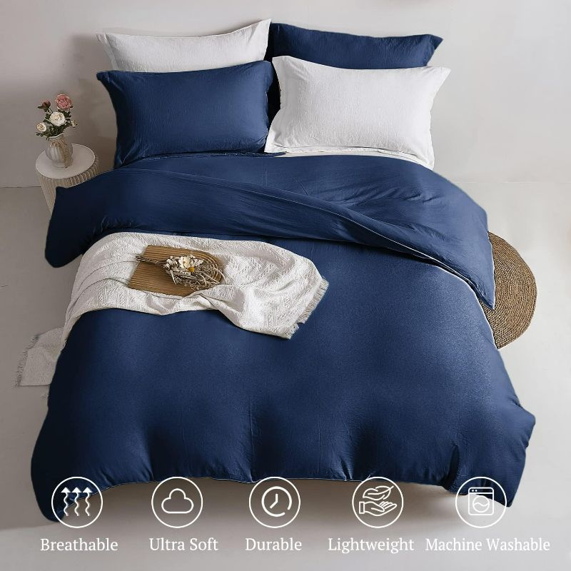 Photo 2 of Duvet Cover Queen Size - Super Soft Duvet Cover Set 3 Piece 100% Washed Microfiber Navy Blue Bedding Set with Zipper Closure, 1 Duvet Cover 90x90 inches and 2 Pillow Shams