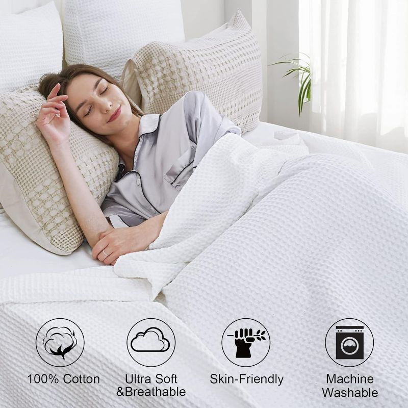 Photo 2 of PHF 100% Cotton Waffle Weave Blanket King Size 104" x 90"-Lightweight Washed Soft Breathable Blanket for All Season -Perfect Blanket Layer for Couch Bed Sofa-Elegant Home Decoration-White
