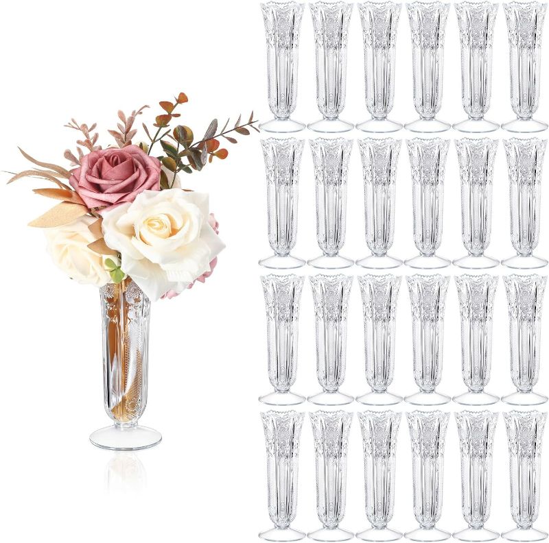 Photo 1 of Eaasty Set of 24 Plastic Bud Vases in Bulk, Small Vases for Flowers, Clear Crystal Plastic Vases for Centerpieces, Mini Plastic Vases for Wedding Home Office Decorations
