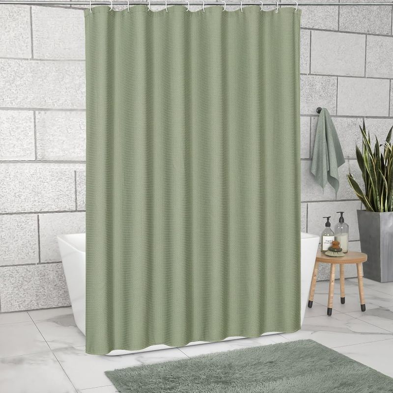 Photo 2 of MitoVilla Sage Green Waffle Fabric Shower Curtain, Heavyweight Cloth Shower Curtains for Modern Hotel Bathroom Decor, Durable & Wrinkle Resistant, 72 x 72