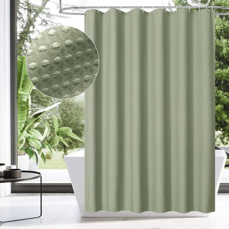 Photo 1 of MitoVilla Sage Green Waffle Fabric Shower Curtain, Heavyweight Cloth Shower Curtains for Modern Hotel Bathroom Decor, Durable & Wrinkle Resistant, 72 x 72