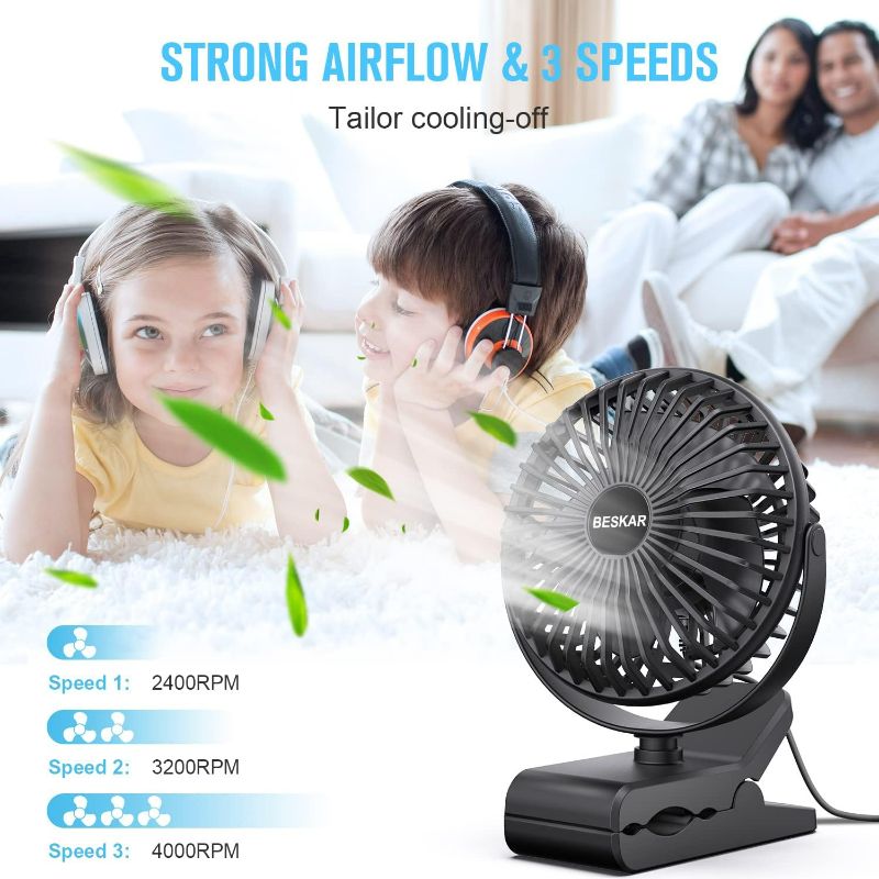 Photo 2 of BESKAR Small Clip on Fan, 3 Speeds USB Fan with Strong Airflow, Clip & Desk Fan USB Plug in with Sturdy Clamp - Ultra Quiet operation for Office Dorm Bedroom Stroller

