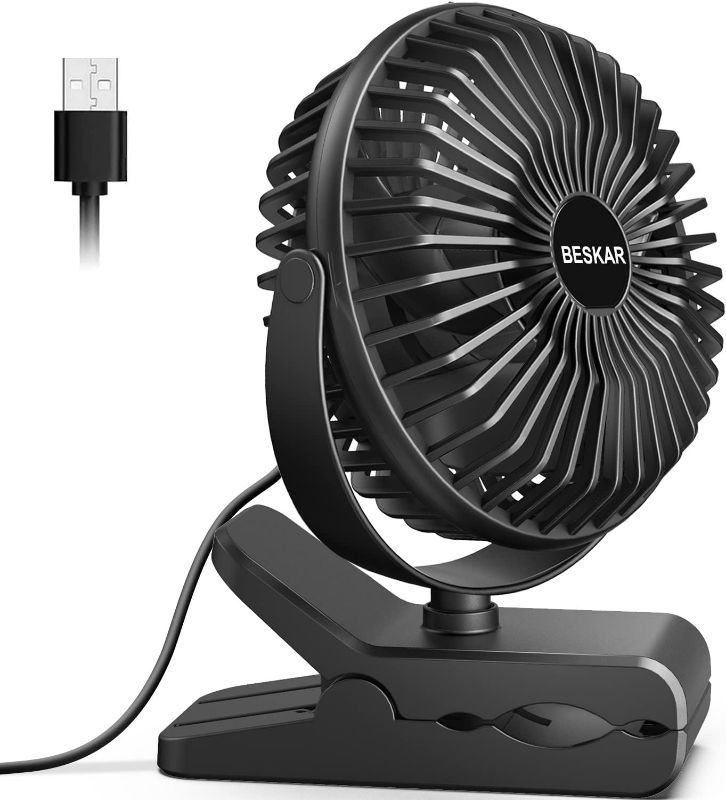 Photo 1 of BESKAR Small Clip on Fan, 3 Speeds USB Fan with Strong Airflow, Clip & Desk Fan USB Plug in with Sturdy Clamp - Ultra Quiet operation for Office Dorm Bedroom Stroller

