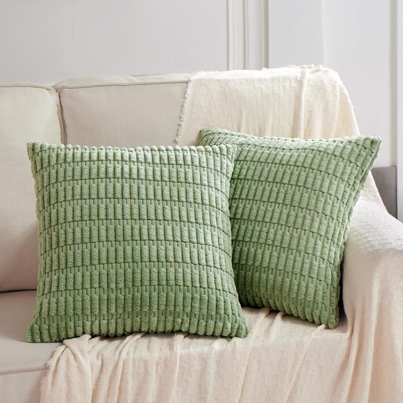 Photo 1 of Fancy Homi 2 Packs Sage Green Decorative Throw Pillow Covers 18x18 Inch for Living Room Couch Bed Sofa, Soft Striped Corduroy Square Cushion Case 45x45 cm, Rustic Farmhouse Boho Home Decor
