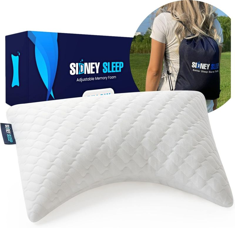 Photo 1 of Sidney Sleep Mini Travel Size Neck Pillow - Knee Pillow - Back Lumbar Support - Curved Travel Pillow - 14 x 19 Inches - Adjustable Loft - Washable - Drawstring Backpack Included
