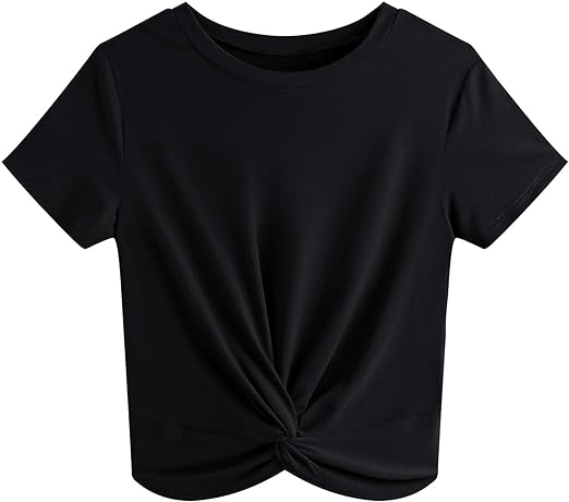 Photo 1 of JINKESI Women's Summer Causal Short Sleeve Blouse Round Neck Crop Tops Twist Front Tee T-Shirt
