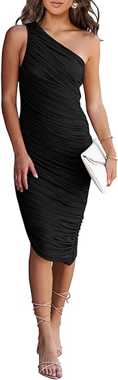Photo 1 of PRETTYGARDEN Women's Ruched Bodycon Dress 2023 Summer One Shoulder Sleeveless Party Cocktail Pencil Dresses Size Medium
