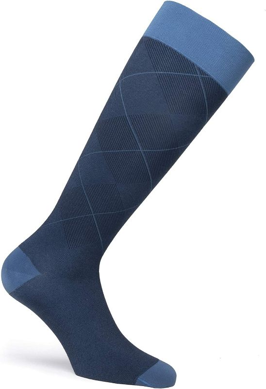Photo 1 of JOBST Casual Pattern Compression Knee High Socks, Closed Toe, 15-20 mmHg Moderate Support for Swollen Legs, Ocean Blue, Size: Medium, Petite 
