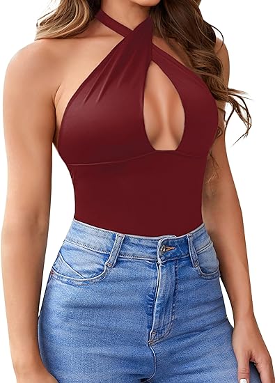 Photo 1 of REORIA Women's Sexy Criss Cross Halter Neck Sleeveless Thong Bodysuits Tops Clubwear size xl