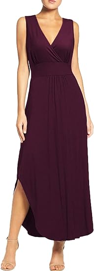 Photo 1 of WOOSEA Women Sleeveless Deep V Neck Pocket Loose Long Dress Split Maxi Casual Dresses wine Size Large
