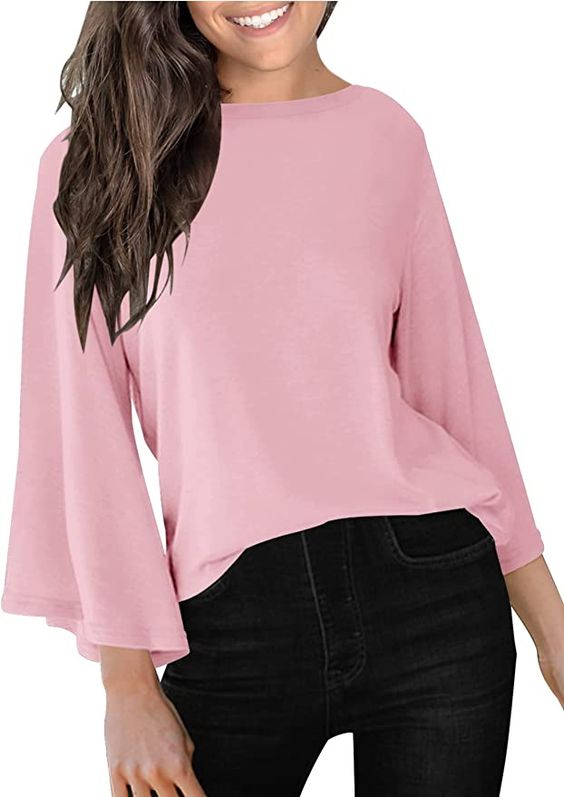 Photo 1 of  Dbtanjy Women's Crew Neck Tunic Tops 3/4 Sleeve Shirts Loose Casual Bell Sleeve Blouse (X-Large, 1-Pink)