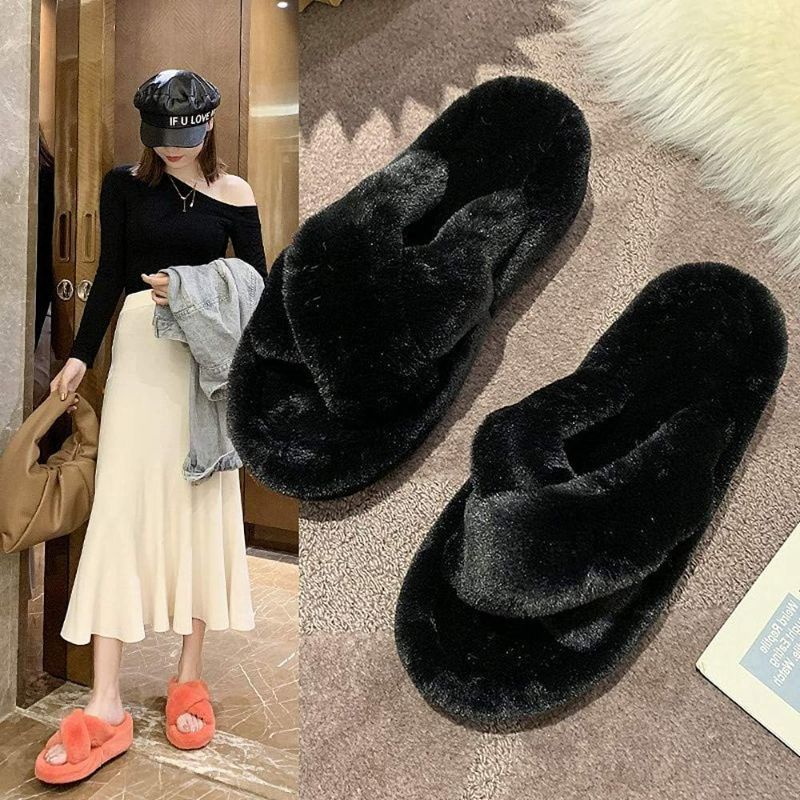 Photo 1 of DQZ Womens Cross Fuzzy Slides Open Toe Casual Platform Wedge Sandals, Indoor and Outdoor Non-Slip Comfortable Lazy Shoes,Black, Size 43
