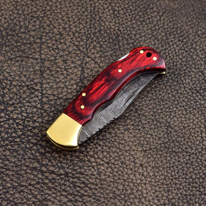 Photo 1 of DAMASCUS - Pocket Knife Gift pack Handmade Damascus steel pocket folding knife Red Wooden handle, mans knife, outdoor knife, camping knife, hunting survival, hunting fishing knife with keychain
