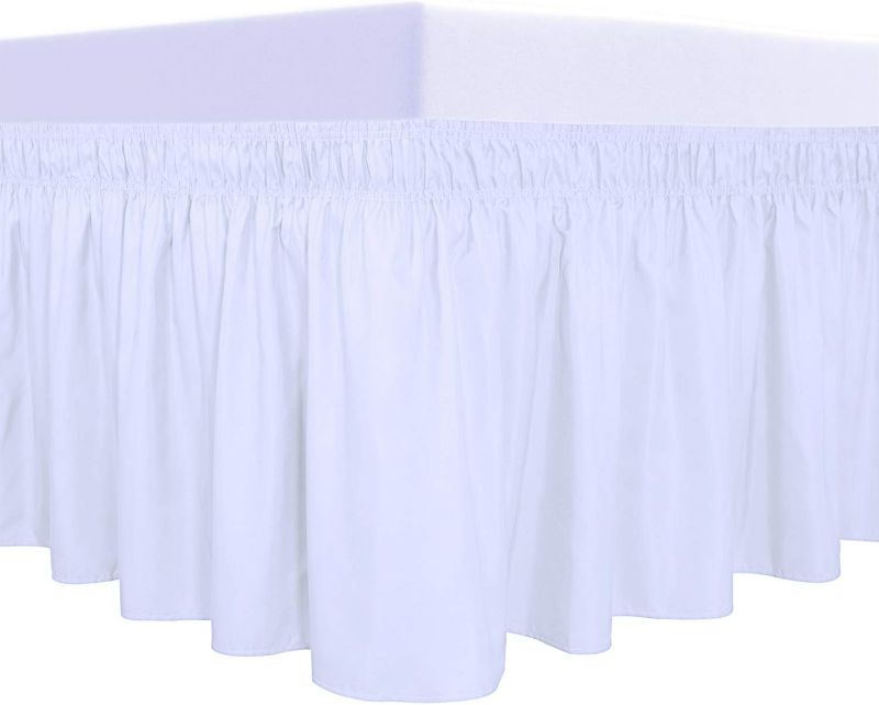 Photo 1 of Ruffled Gathered Wrap Around Ruffled Bed Skirt with Adjustable Elastic Belt - 18 Inch Drop Easy to Put On, Wrinkle Free Bedskirt Dust Ruffles, Frame Cover for Queen, King and C-King Size Beds, White
