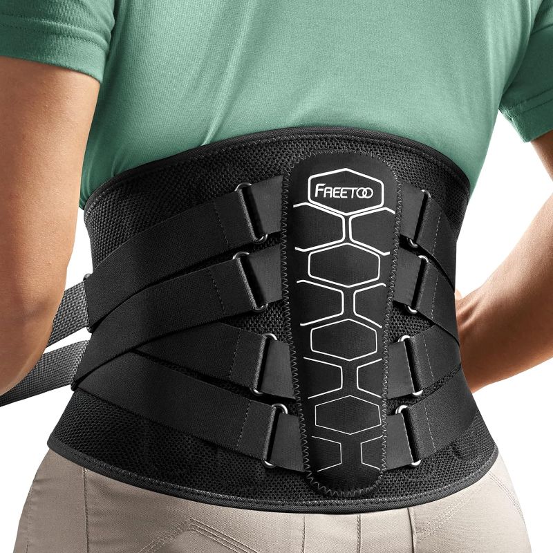 Photo 1 of FREETOO Back Braces for Lower Back Pain Relief with 6 Stays, Breathable Back Support Belt for Men/Women for work , Anti-skid lumbar support belt with 16-hole Mesh for sciatica(L)
