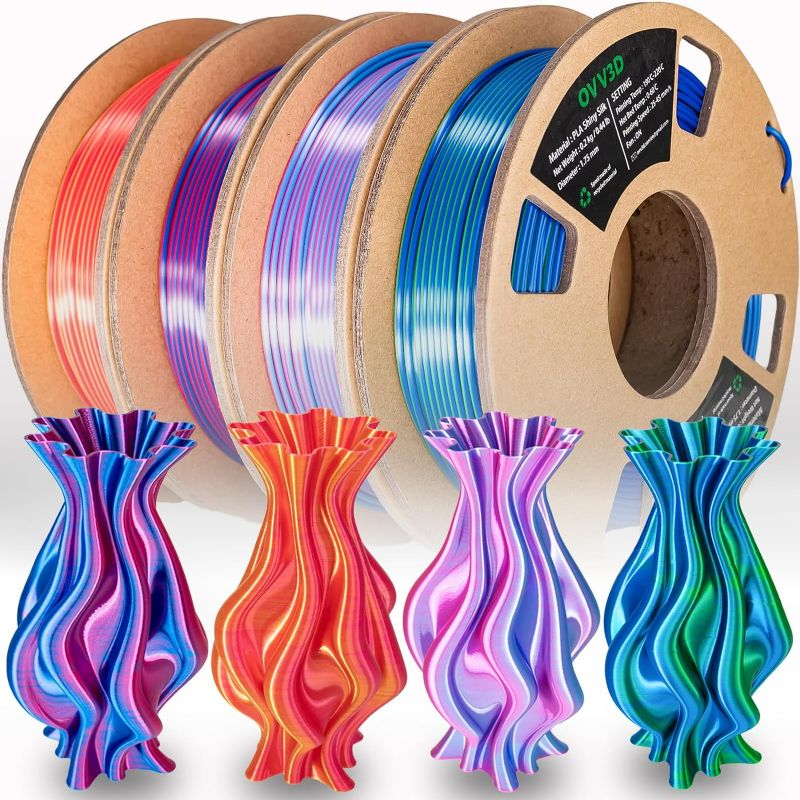 Photo 1 of OVV3D 3D Printer Filament, PLA Filament 1.75mm Bundle, Dual Color Filament, Coextrusion 3D Filament, Silk PLA Color Change Every Inch, 3D Printing Filament, 200g X 4 Spool
