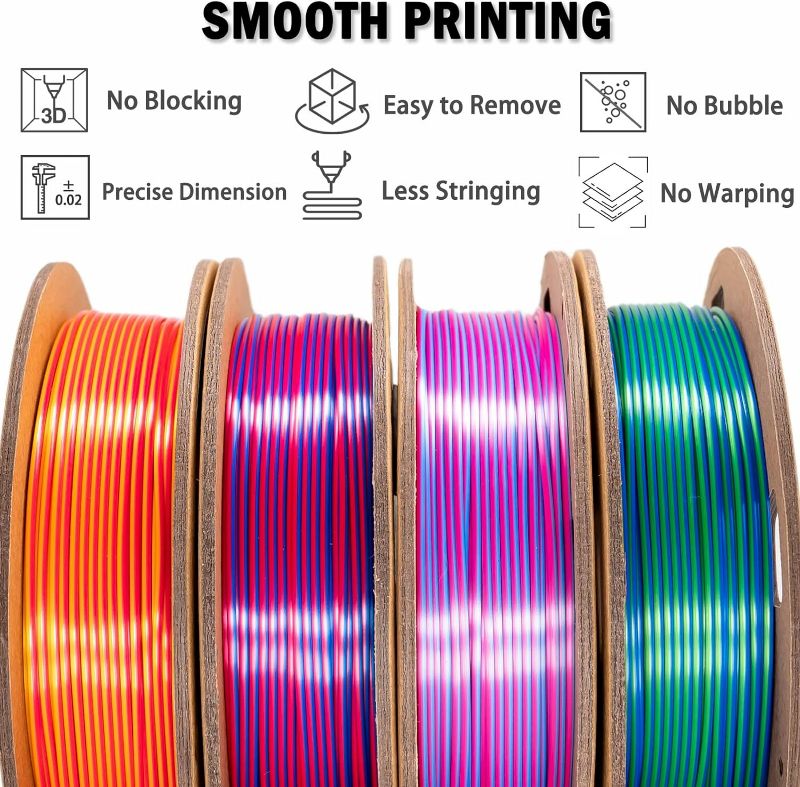 Photo 2 of OVV3D 3D Printer Filament, PLA Filament 1.75mm Bundle, Dual Color Filament, Coextrusion 3D Filament, Silk PLA Color Change Every Inch, 3D Printing Filament, 200g X 4 Spool
