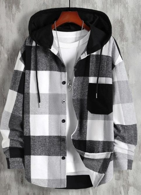Photo 1 of Manfinity Hypemode Men 1pc Plaid Print Drawstring Hooded Overcoat Size XL