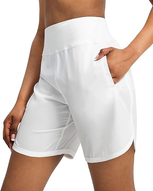 Photo 1 of Soothfeel Women's Running Shorts with Zipper Pockets 7 Inch Long High Waisted Athletic Workout Gym Summer Shorts for Women - White - Size Small - NWT