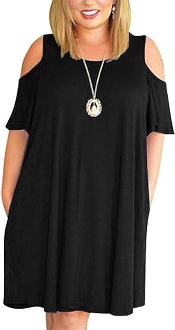 Photo 1 of Kancystore Women Plus Size Dresses Short Sleeve Cold Shoulder Casual T-Shirt Swing Dress with Pockets - Black - Size 2XL - NWT