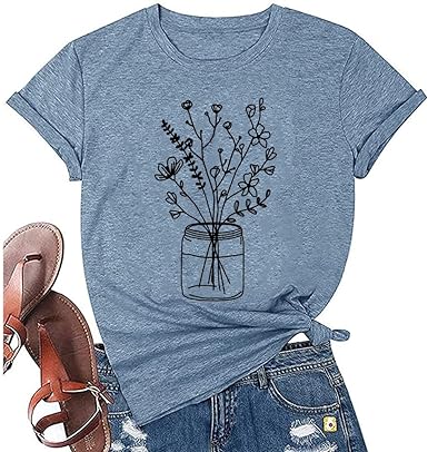 Photo 2 of Women Flower Graphic Shirts Summer Cute Tops Special Education Teacher Shirt Novelty Funny Printed Casual T-Shirts - Ink Blue - Size Small