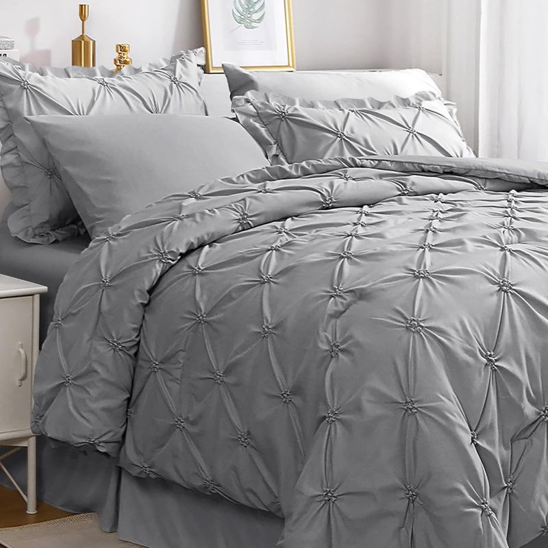 Photo 1 of JOLLYVOGUE Queen Comforter Set 7 Pieces, Pintuck Gray Bed in a Bag Comforter Set for Bedroom, Bedding Sets with Comforter, Sheets, Ruffled Shams & Pillowcases 