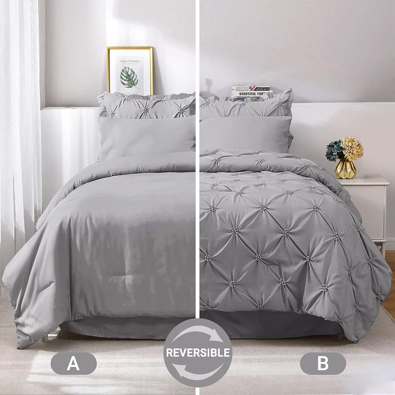 Photo 1 of JOLLYVOGUE Queen Comforter Set 7 Pieces, Pintuck Gray Bed in a Bag Comforter Set for Bedroom, Bedding Sets with Comforter, Sheets, Ruffled Shams & Pillowcases 