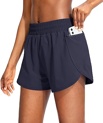 Photo 1 of Soothfeel Womens Running Shorts with Zipper Pockets High Waisted Athletic Gym Workout Shorts for Women - Navy Blue - Size XXL