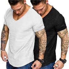 Photo 1 of COOFANDY Mens 2 Pack Muscle V Neck T Shirt Fitted Gym Workout Short Sleeve Tee - White & Black - Size Large