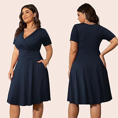 Photo 2 of POSESHE Womens Plus Size Dresses Sleeveless Wrap V-Neck Sundress Casual Summer Wedding Guest Cocktail Dress with Pockets - Navy - Size XL - NWT