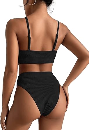 Photo 3 of Lilosy High Waisted Tummy Control Ribbed Bikini Crop Top Brazilian Swimsuit Set 2 Piece - Black - Size Small